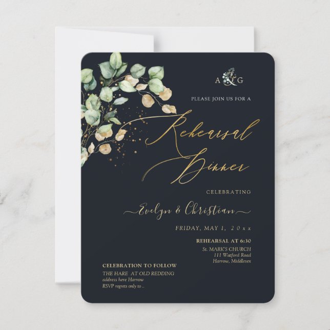 PixDezines Rustic Dollar Eucalyptus Navy i Guld Inbjudningar (Framsida)