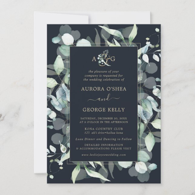 PixDezines Rustic Gum Eucalyptus Navy Blue Inbjudningar (Framsida)