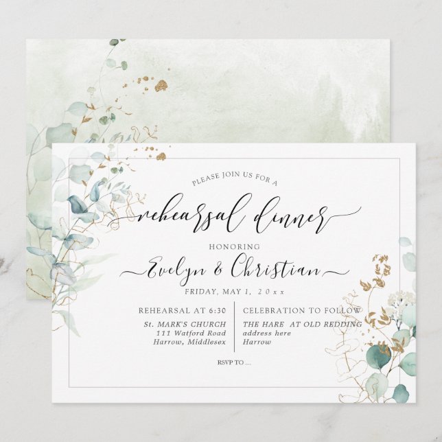 PixDezines Rustic Watercolor Gum Eucalyptus Invit Inbjudningar (Fram/baksida)