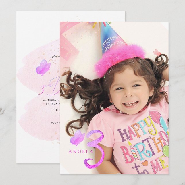 PixDezines Shock rosa Butterflies Watercolor Inbjudningar (Fram/baksida)