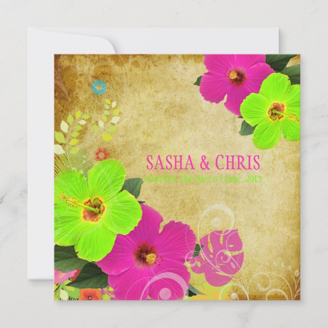 PixDezines shock rosa+neon grönt hibiscus+monstera Inbjudningar (Framsida)