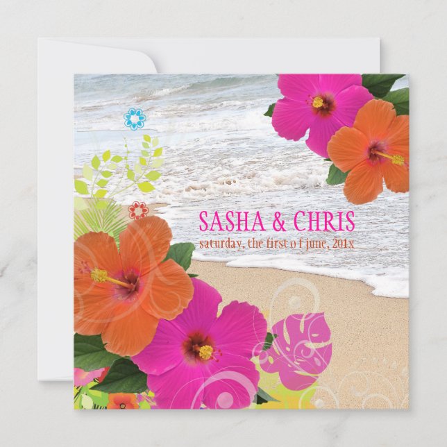 PixDezines shock rosa+orange hibiscus+monstera Inbjudningar (Framsida)
