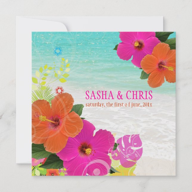 PixDezines shock rosa+orange hibiscus+monstera Inbjudningar (Framsida)