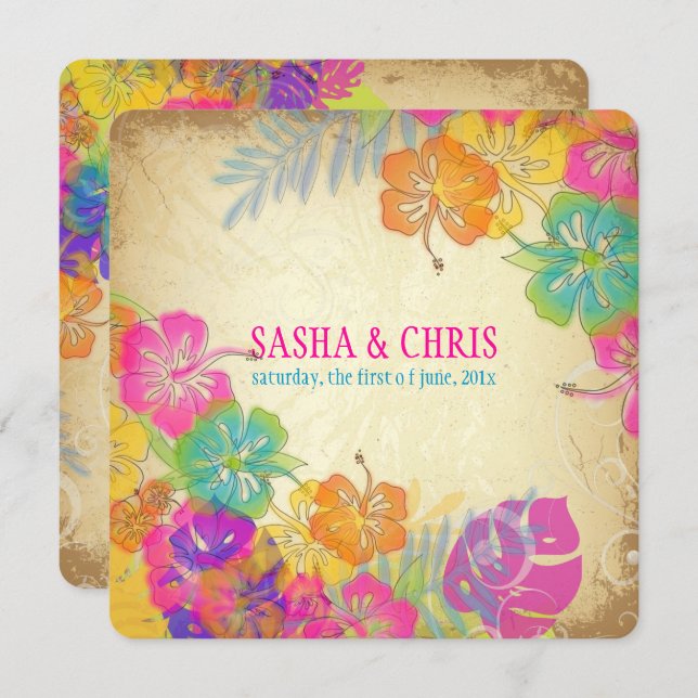 PixDezines shock rosa+orange hibiscus+monstera Inbjudningar (Fram/baksida)