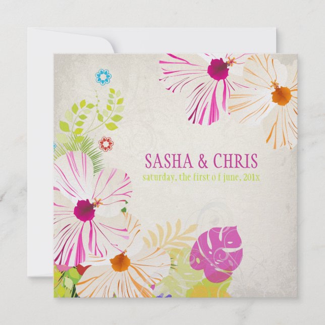 PixDezines shock rosa+orange hibiscus+monstera Inbjudningar (Framsida)