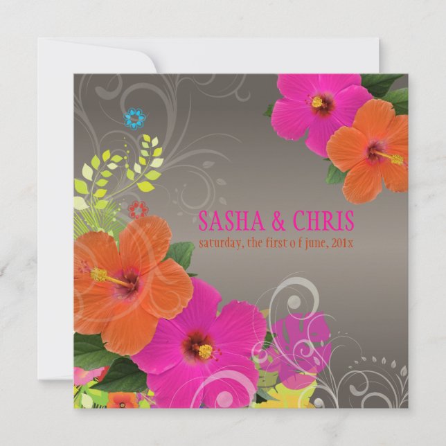 PixDezines shock rosa+orange hibiscus+monstera Inbjudningar (Framsida)