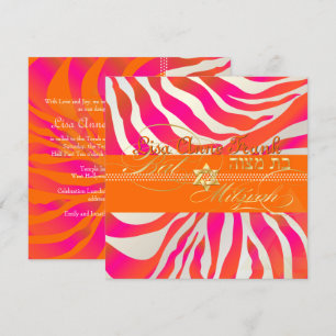 PixDezines Shock rosa+Orange Zebra, Bat mitzvah Inbjudningar