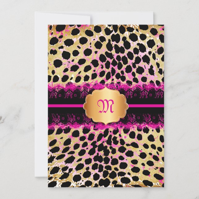 PixDezines snöre+cheetah spots/rosa+svart Inbjudningar (Framsida)
