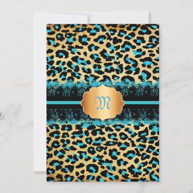PixDezines snöre+cheetah spots/teal+black Inbjudningar (Framsida)