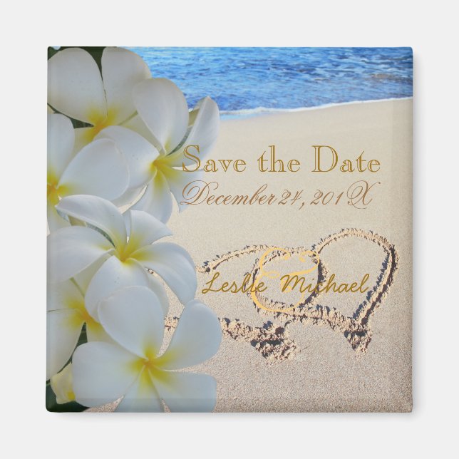 PixDezines Spara Date, Beach+Plumeria+Hearts Magnet (Framsidan)