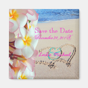 PixDezines Spara Date, Beach+Rosa Plumeria+Hearts Magnet