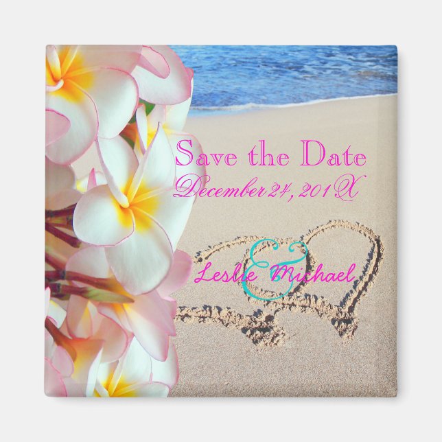 PixDezines Spara Date, Beach+Rosa Plumeria+Hearts Magnet (Framsidan)