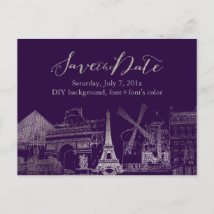 PixDezines/Spara Date/Faux Silver/Paris Sketched Meddelande Vykort