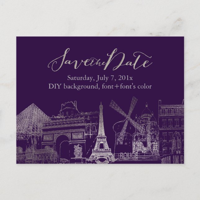PixDezines/Spara Date/Faux Silver/Paris Sketched Meddelande Vykort (Framsida)
