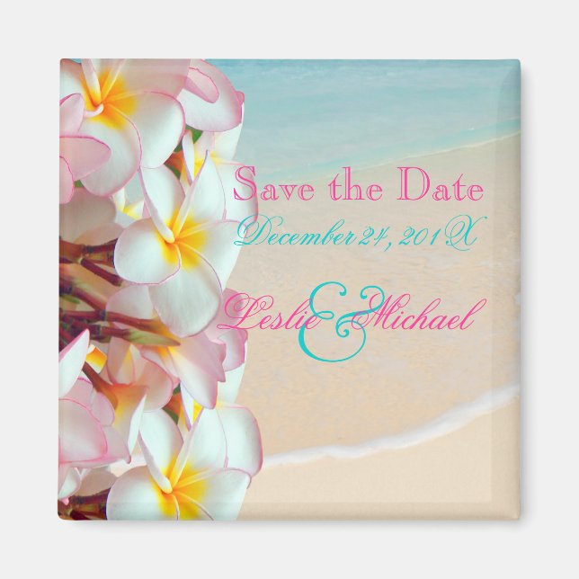 PixDezines Spara Date, Rosa Plumeria Lei+Beach Magnet (Framsidan)