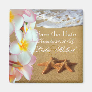 PixDezines Spara Date, strand+plumeria+stjärnfisk Magnet