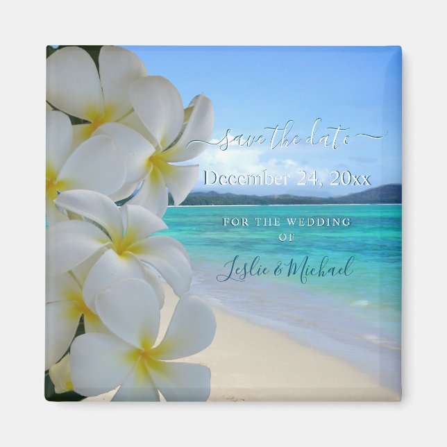 PixDezines SPARAR DATUM/BEACH+PLUMERIA LEI Magnet (Framsidan)
