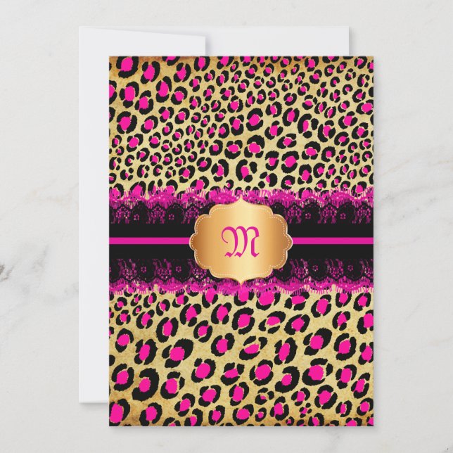 PixDezines spets+leopardfläckar/rosa+svart Inbjudningar (Framsida)