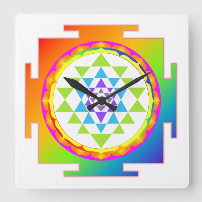 PixDezines Sri Yantra/Chakra/Regnbåge Fyrkantig Klocka (Framsida)