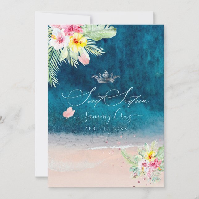 PixDezines Strand Sweet Sixteen Djupblåa Havet Inbjudningar (Framsida)