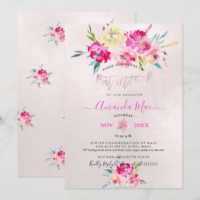 PixDezines Summer Peonies Watercolor Bat mitzvah Inbjudningar (Fram/baksida)