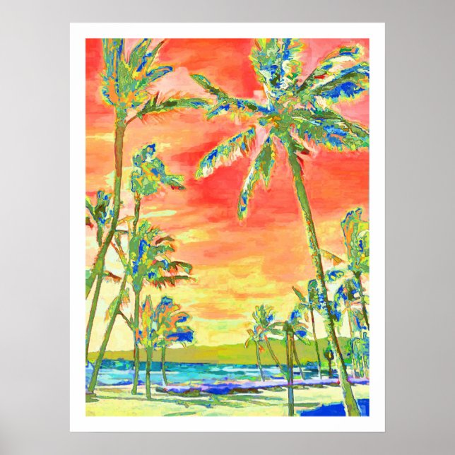 PixDezines Sunset Hawaiian Beach/Coral/Blue Poster (Framsidan)