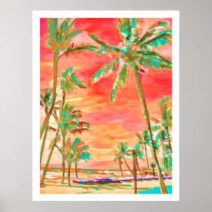 PixDezines Sunset Hawaiian Beach/Coral/Teal Poster