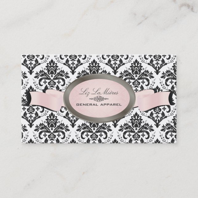 PixDezines Svart, Rosa, Vit Jolie Damask Visitkort (Framsida)