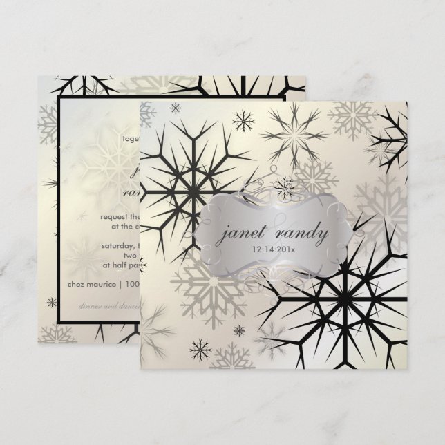 PixDezines SVARTA SNÖFLINGAR/VINTERBRÖLLLOP Inbjudningar (Fram/baksida)