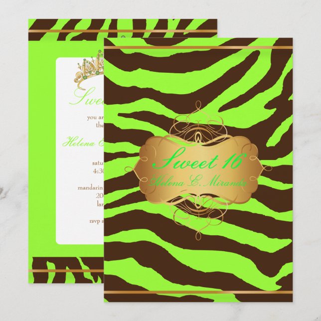 PixDezines SWEET 16/BROWN ZEBRA/DIY NEON GRÖNT Inbjudningar (Fram/baksida)