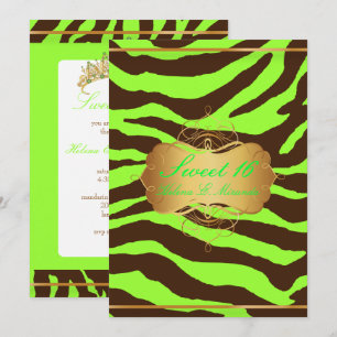 PixDezines SWEET 16/BROWN ZEBRA/DIY NEON GRÖNT Inbjudningar
