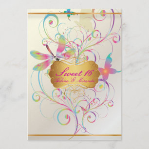 PixDezines Sweet 16/Butterflies+Dragonfly+Rainbows Inbjudningar