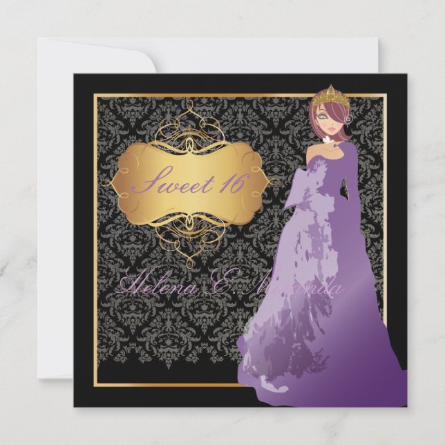 PixDezines Sweet 16 Damask/Quinceañera/Quince años Inbjudningar (Framsida)
