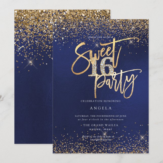PixDezines Sweet 16 Diamond Glitter Navy Blue Inbjudningar (Fram/baksida)