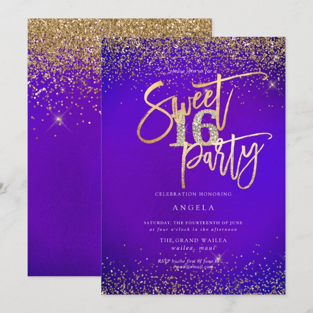 PixDezines Sweet 16 Diamond Glitter Ultra Violet Inbjudningar (Fram/baksida)