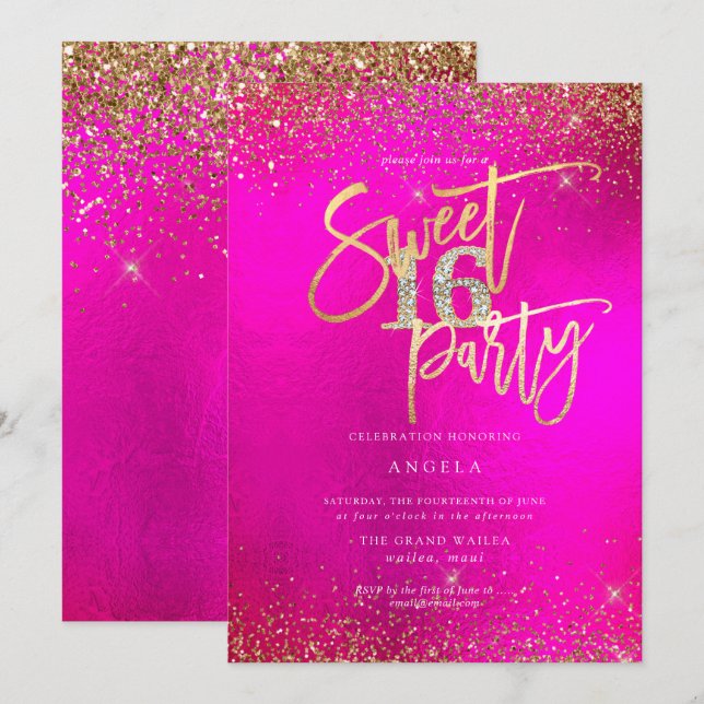 PixDezines Sweet 16 Diamond Glitter Vattenfärg Inbjudningar (Fram/baksida)