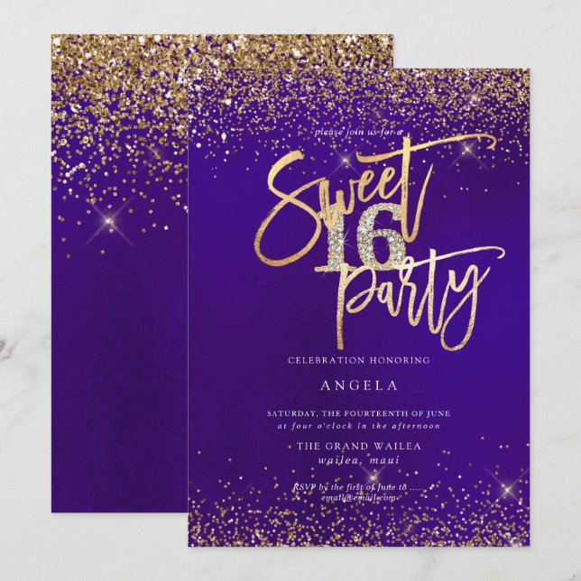PixDezines Sweet 16 Diamond Guld Glitter Lila Inbjudningar (Fram/baksida)