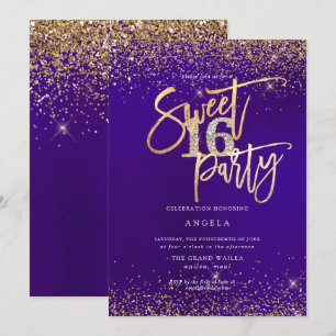 PixDezines Sweet 16 Diamond Guld Glitter Lila Inbjudningar