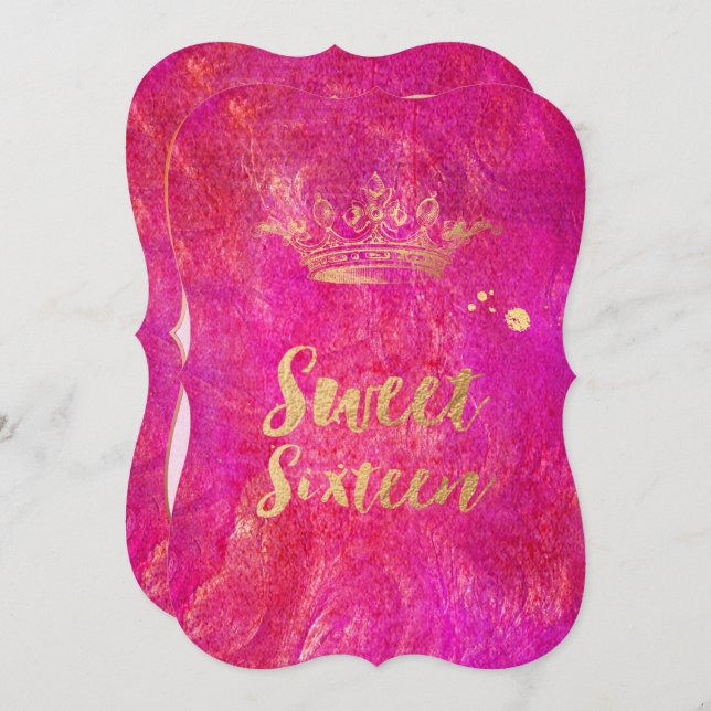 PixDezines Sweet 16, Faux Guld Krona Inbjudningar (Fram/baksida)