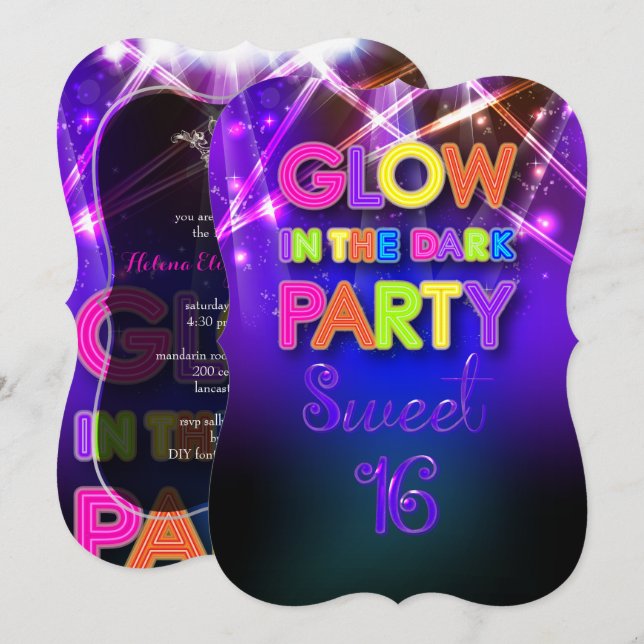 PixDezines Sweet 16, Glow Party/Laser Ljus Inbjudningar (Fram/baksida)