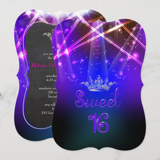 PixDezines Sweet 16, Laser Ljus/Neon Ljus Inbjudningar (Fram/baksida)