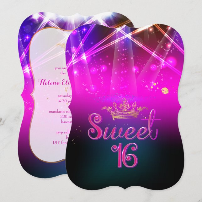 PixDezines Sweet 16, Laser Ljus/Neon Ljus Inbjudningar (Fram/baksida)
