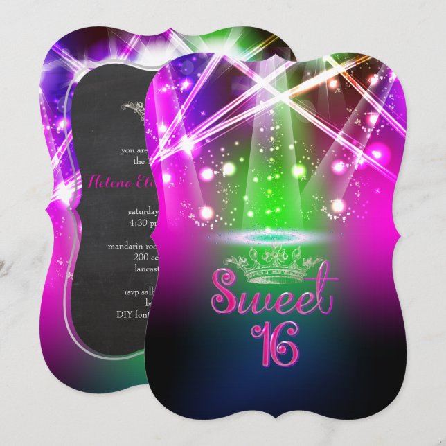 PixDezines Sweet 16, Laser Ljus/Neon Ljus Inbjudningar (Fram/baksida)