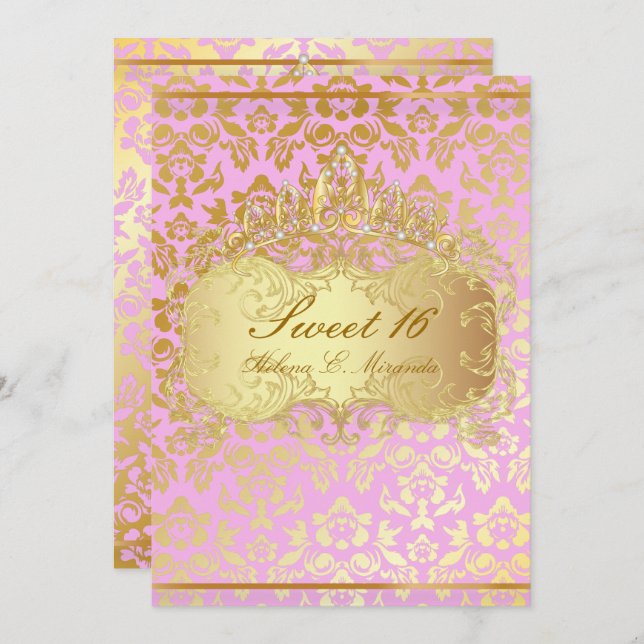 PixDezines SWEET 16/PRINCESS/ROSA+GULD TONE DAMASK Inbjudningar (Fram/baksida)