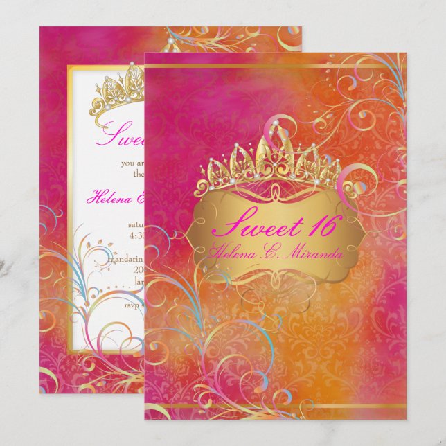 PixDezines SWEET 16, RAINBOW SWIRLS/ROSSI DAMASK Inbjudningar (Fram/baksida)