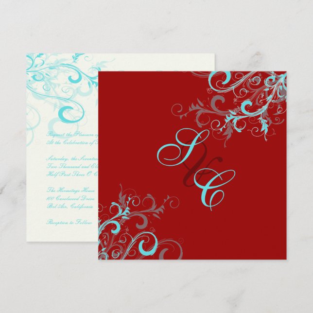 PixDezines Swirls, Aqua + Red + Ecrue Inbjudningar (Fram/baksida)