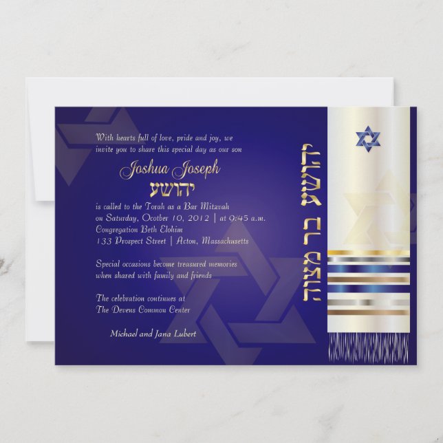 PixDezines talit/Stilig Bar Mitzvah/blå/guld Inbjudningar (Framsida)