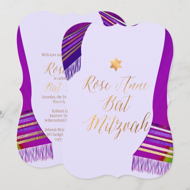 PixDezines Tallit/Magenta/Purple/Bat Mitzvah Inbjudningar (Fram/baksida)