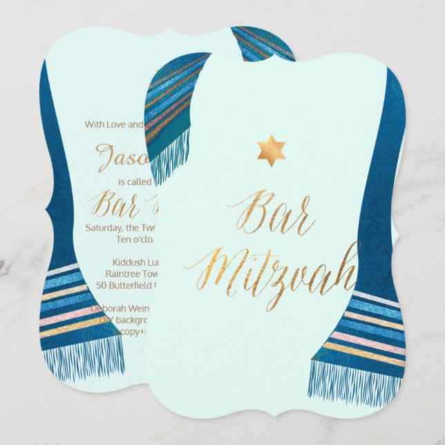 PixDezines Tallit/Mint/Teal/Pub Mitzvah Inbjudningar (Fram/baksida)