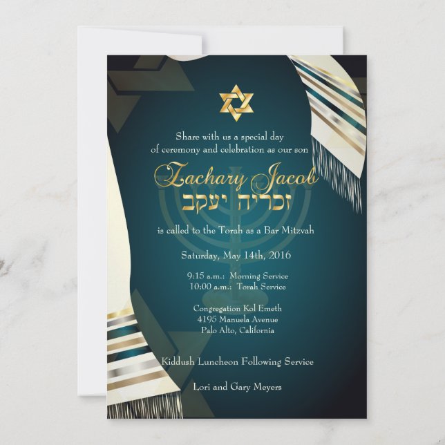 PixDezines Tallit Pub Mitzvah/Teal/Guld Inbjudningar (Baksida)